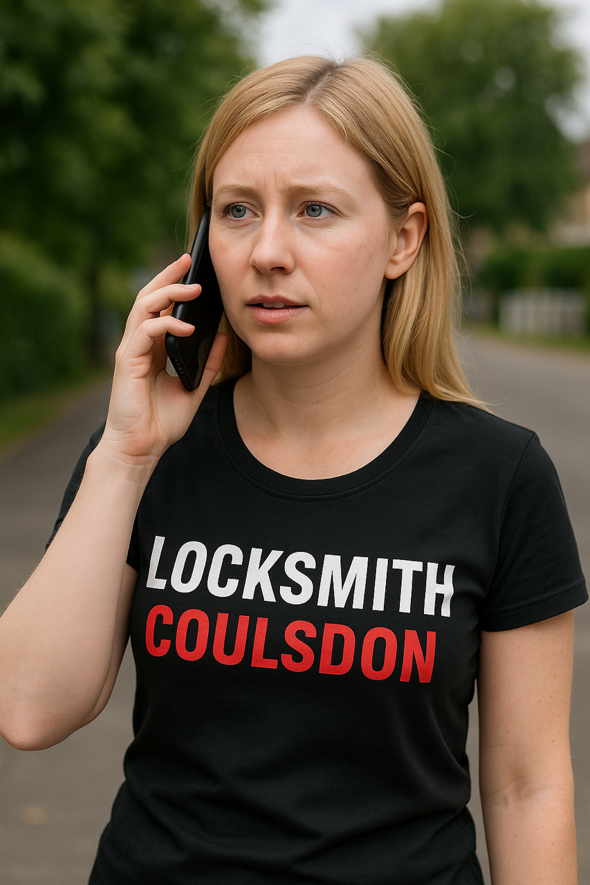 Female locksmith speaking to a customer on the phone in a residential area