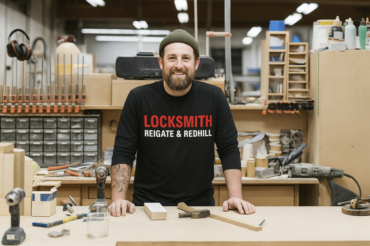 Professional locksmith in Reigate & Redhill standing in workshop wearing company uniform with tools and equipment on workbench.