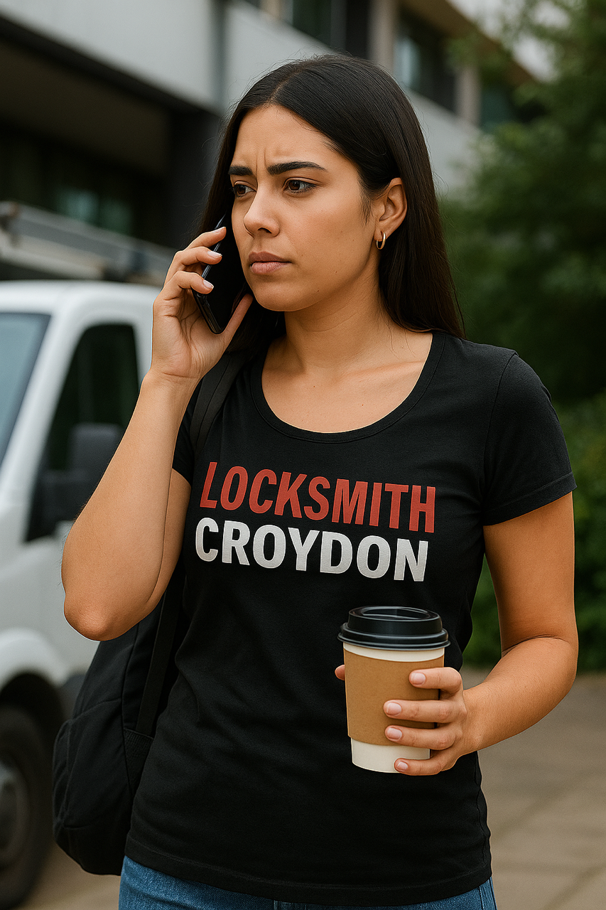 Female locksmith on a call beside a work van