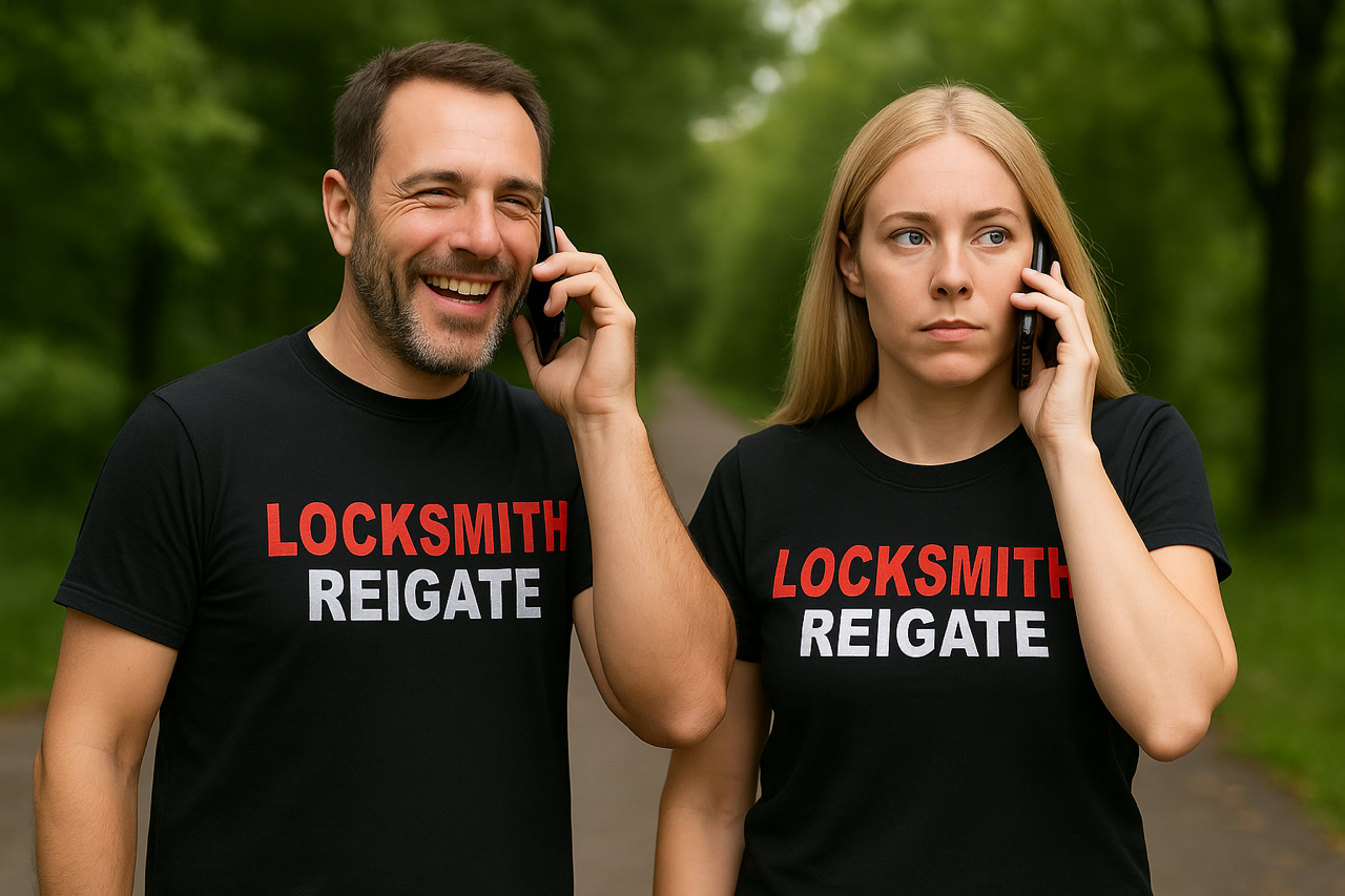 Two local locksmiths on the phone wearing black LOCKSMITH shirts